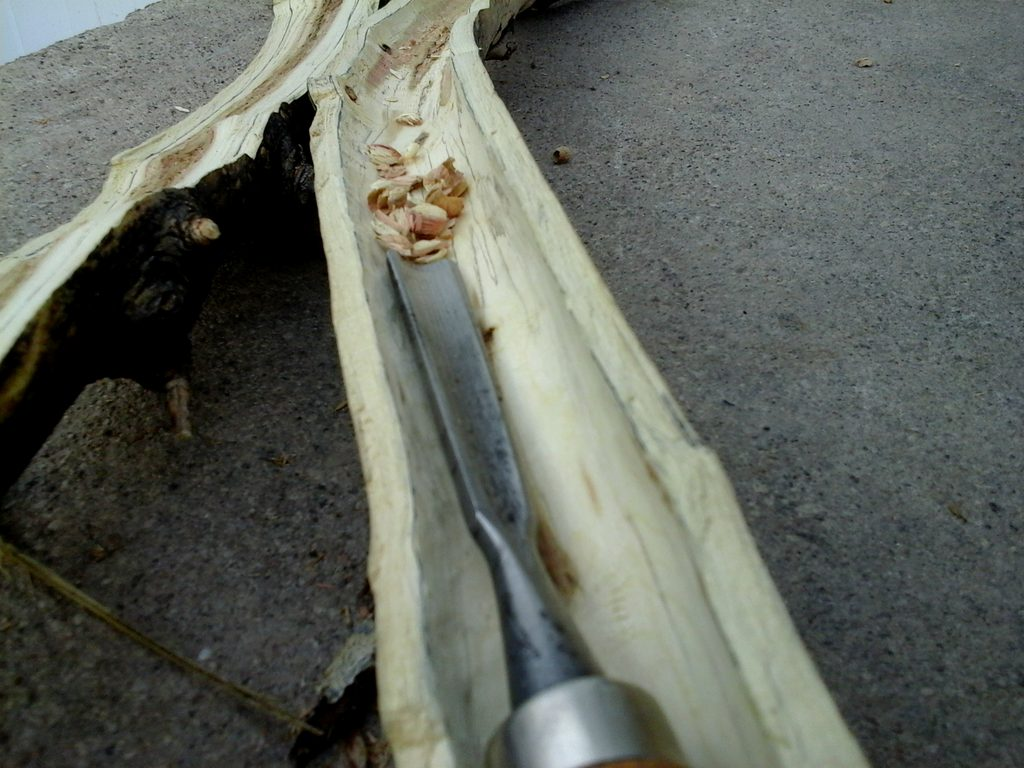 Branch flute in progress on the bench